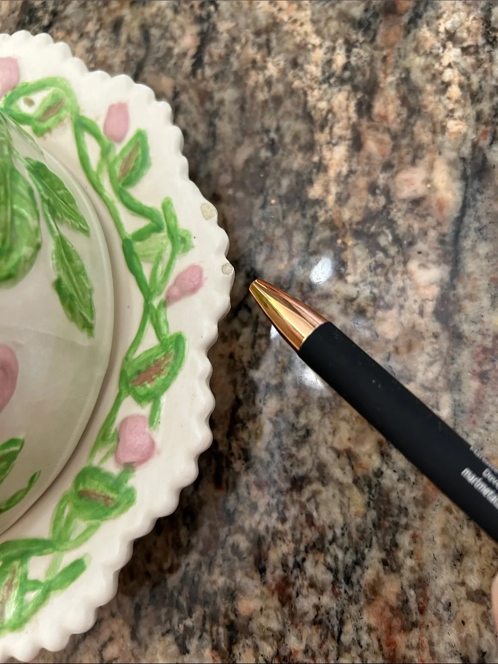 Ceramic Floral Butter Dish with Pink Roses and Green Leaves